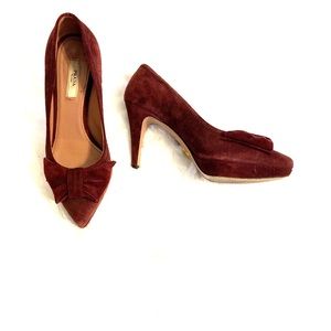 Prada burgundy maroon suede platform heels bow 36